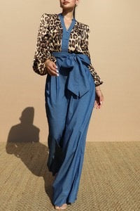 Denim leopard knit top jumpsuit