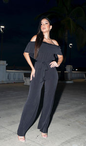 Off shoulder belted jumpsuit