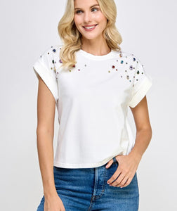 JJ3619 Rhinestones detail t-shirt