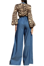 Denim leopard knit top jumpsuit