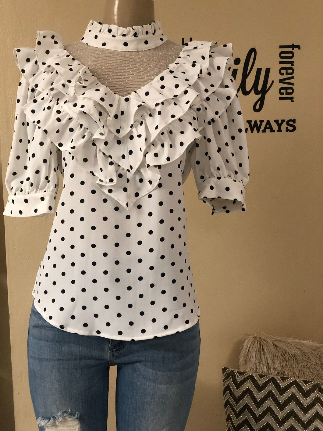 Mesh Fabric Point Half Sleeves Dot Pattern Top