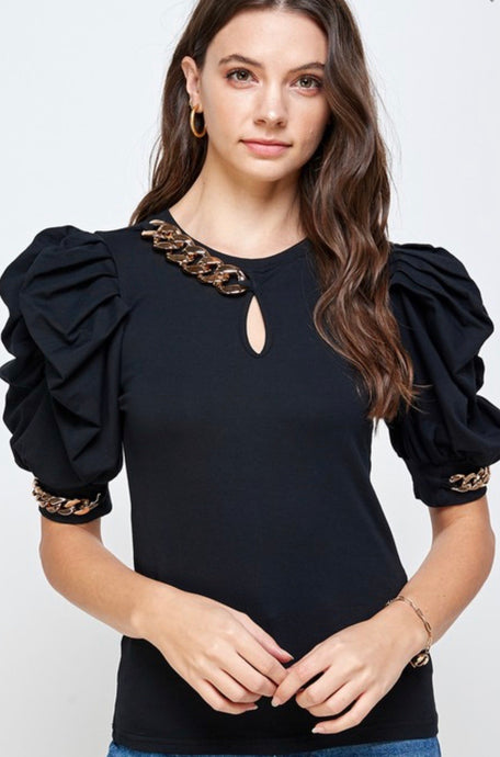 LP7991 Black Puff sleeves Chain details