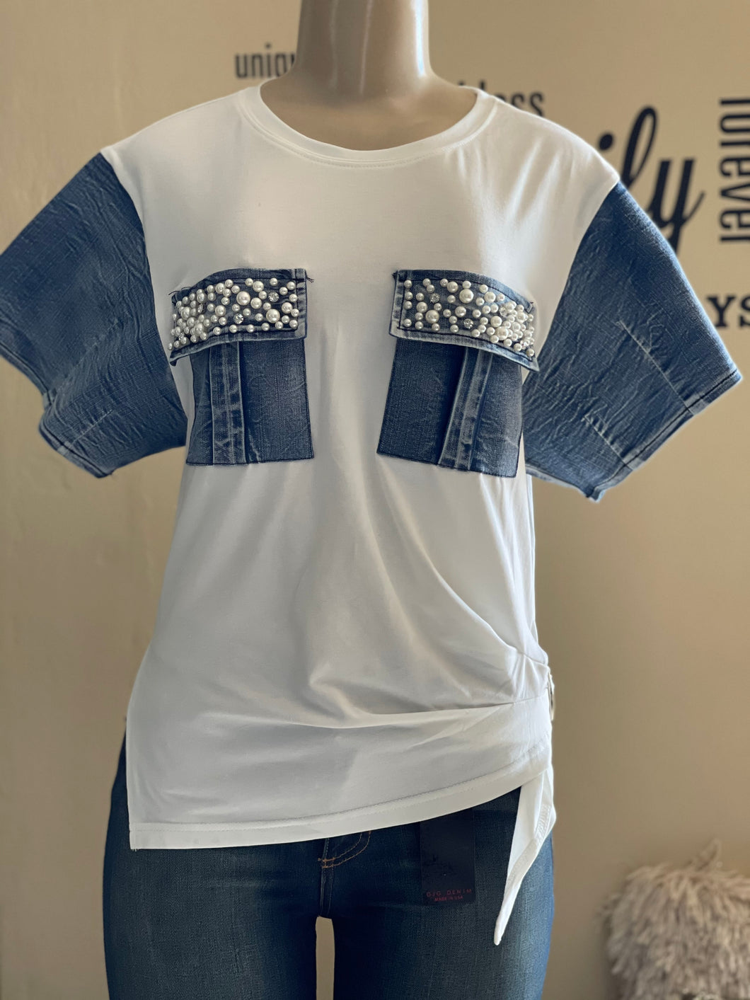 JJ1258 Denim sleeves rhinestones pocket top