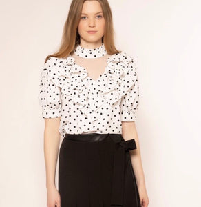 Mesh Fabric Point Half Sleeves Dot Pattern Top