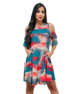 5345 Regular teal/coral cold shoulder dress