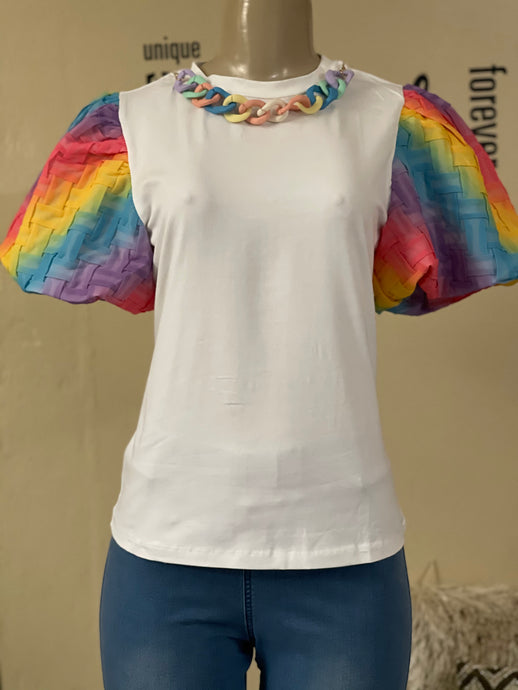 TX6357 Short rainbow sleeves neck chain tshirt