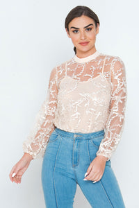 JY8941 Lace Top With details and puff sleeves