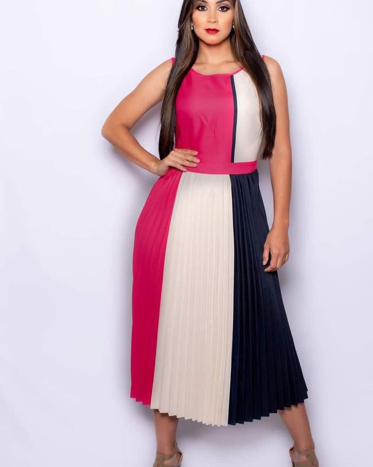 03202-2 Color block Hot pleated midi dress