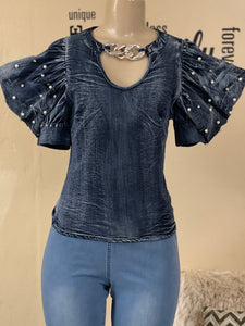 JJ1247 Dark denim puff sleeves top