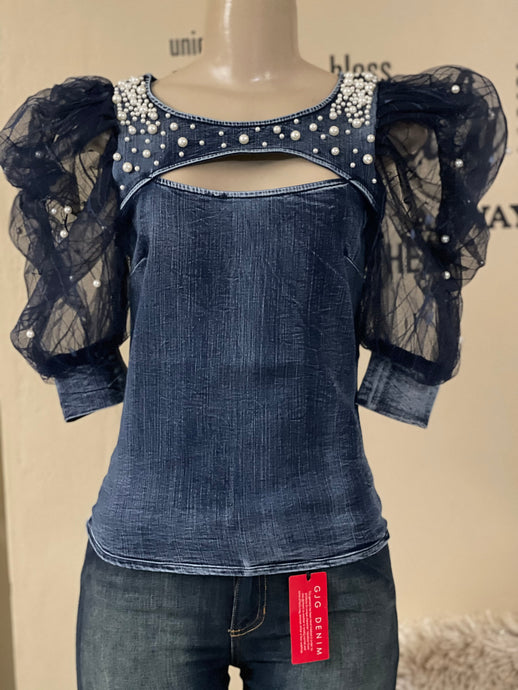 JJ1269 Puff Open chest denim top