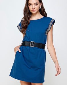 TX6124 Blue short sleeveless solid mini dress