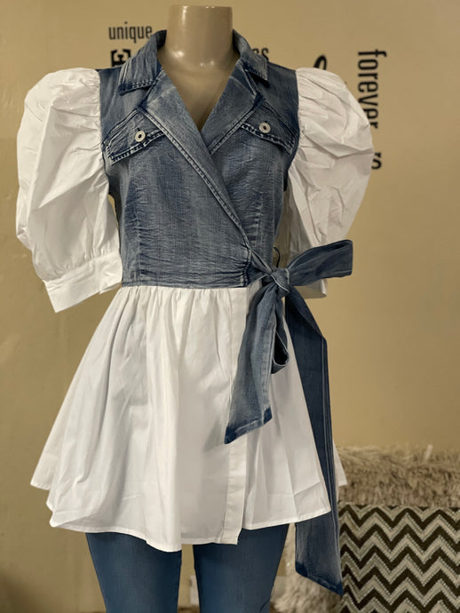 JJ1219-1 Denim Wrap around peplum top