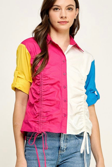 TX7483 3Q SLV BUTTON DOWN FRONT DRAWSTRING COLOR BLOCK SHIRT